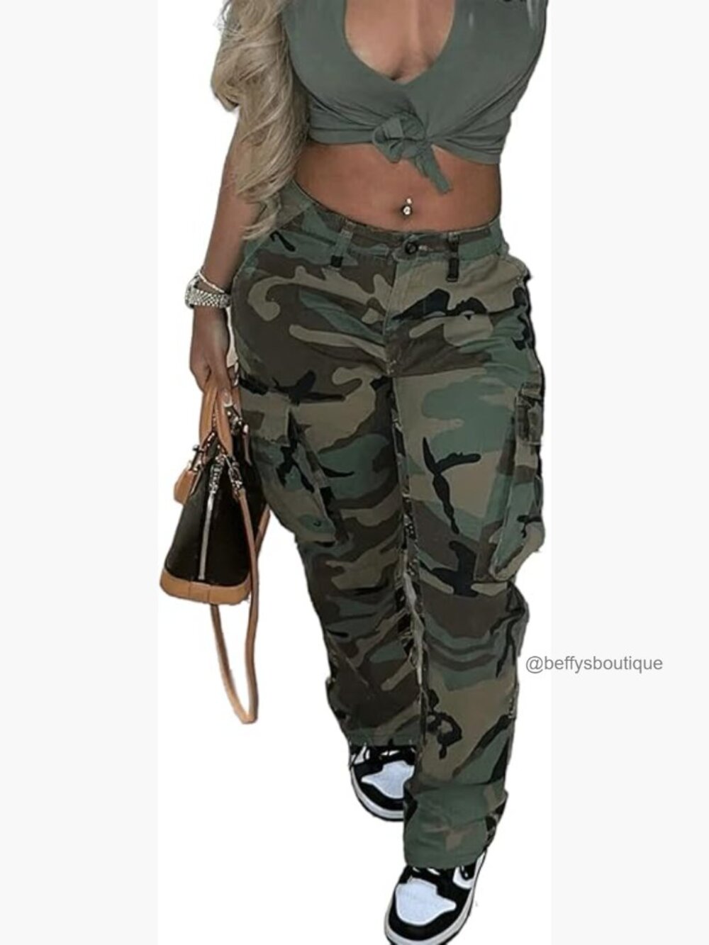High Waist Camo Cargo Pants Slim Fit Elastic Trousers with Pockets